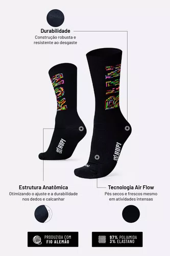 Meia para Corrida HUPI Run Colors Preto Cano Médio