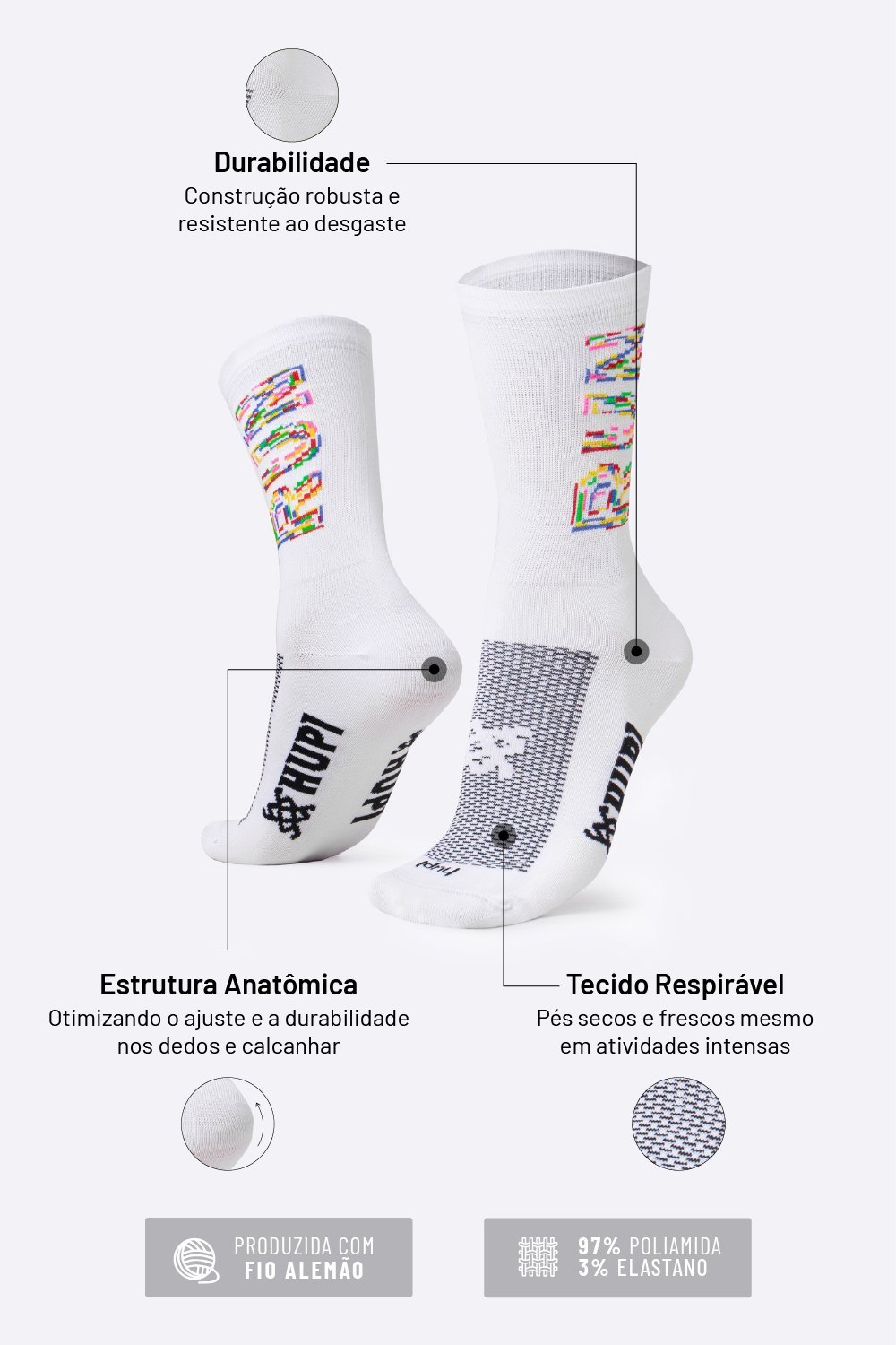 Meia para Corrida HUPI Run Colors Branca Cano Médio