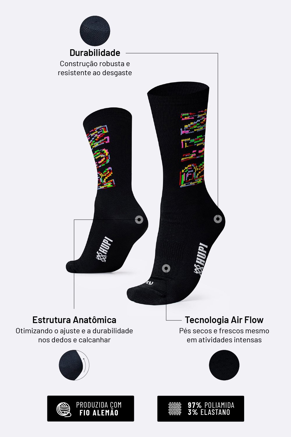Meia para Corrida HUPI Run Colors Preto Cano Médio